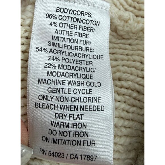 Vtg Y2K Old Navy Cream Cable Knit Faux Shearling Trim Hooded Boho Sweater Vest L - Picture 15 of 16